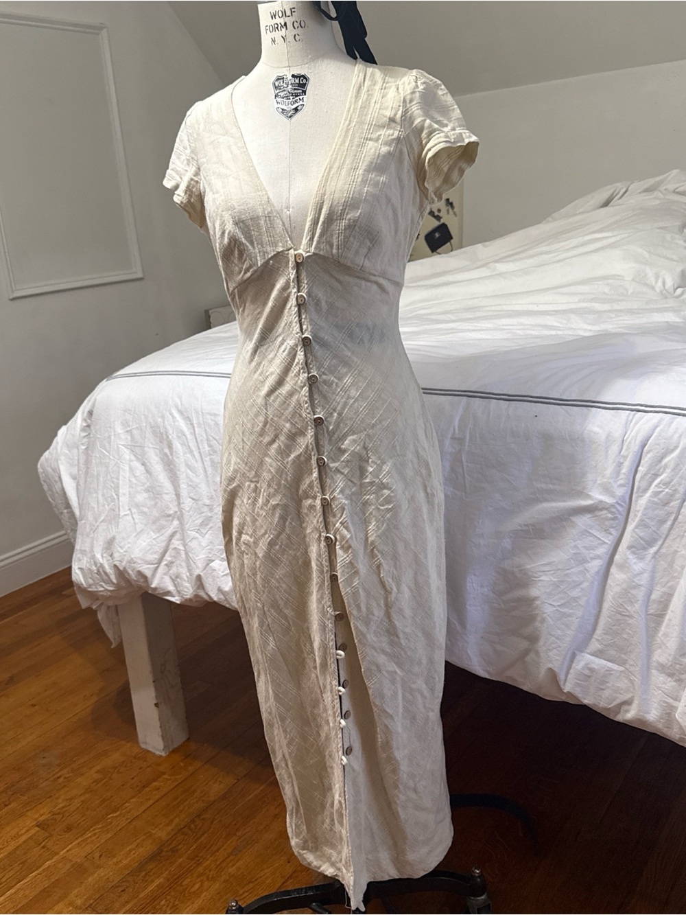 Free People Cream Button-Down V-Neck Midi Dress
